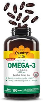 Country Life Omega-3 Fish Oil Supplement, 1000mg, 180mg EPA & 120mg DHA, Fish Oil Concentrate, Burpless, 300 Softgels, Certified Gluten Free