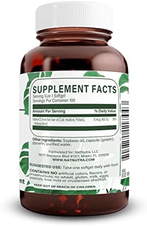 Natural Nutra 100 Vitamin D3 400 IU Softgels - VIT D Supports Immune Function, Bone & Teeth Health - Sunshine Vitamin D Formula for Cardiovascular & Lung Support - Gluten-Free Dietary Supplement