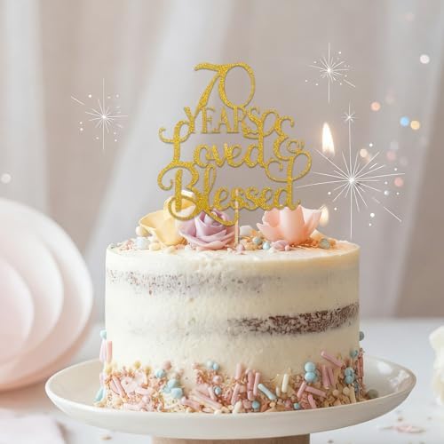 Gold Happy 70th Birthday Cake Topper, Glitter 70th Birthday Decorations for Women Hello 70 Wedding Anniversary Party Cake Decorations Supplies