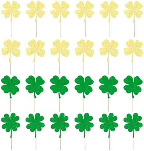 24 Pcs Four Leaf Clover Cupcake Toppers Glitter Green Shamrock Picks for St.Patrick's Day Party Cake Decoration (24PC)