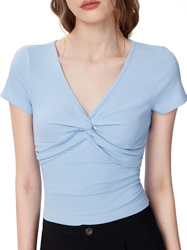 CIDER Womens Front Knotted V-Neck Blouse T Shirt Short Sleeve Tops Summer Solid Tees