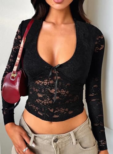 Women's Lace Long Sleeve Shirt Low Cut Y2K Slim Fit Top Bow Sexy Going Out Club Concert Clothes