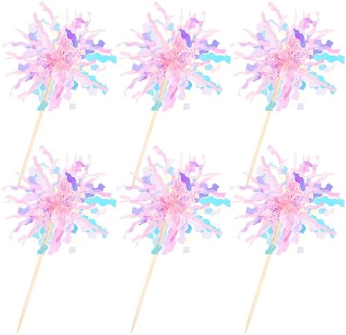 30 PCS Foil Firework Cupcake Toppers Sparkle Tinsel Cupcake Picks Happy Birthday Cake Toppers Drink Stirrers Cocktail Food Fruit Toothpicks for Baby Shower Wedding Party Decorations Supplies Pink