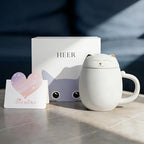 HEER Cat Tea Cup with Infuser and Lid - 13.5oz Ceramic Tea Mug - Cat Lover Gift for Friends Family. (White)