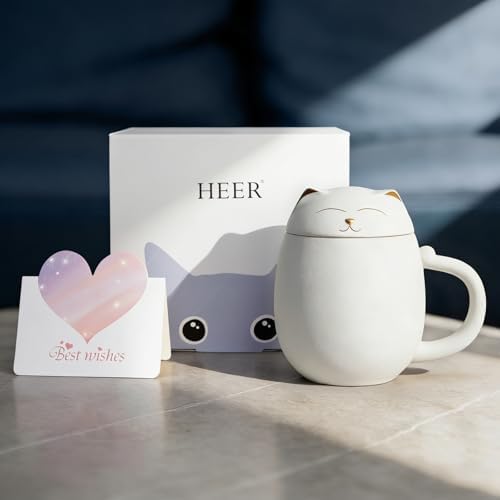 HEER Cat Tea Cup with Infuser and Lid - 13.5oz Ceramic Tea Mug - Cat Lover Gift for Friends Family. (White)