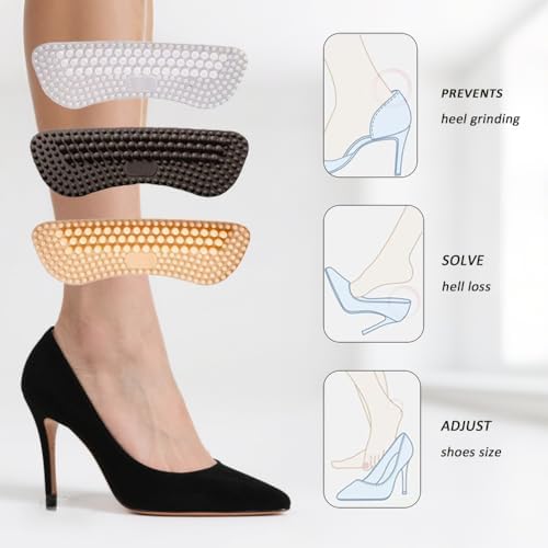 6 Pairs Silicone Heel Pads & Grips for Shoes - Anti Slip Heel Protectors with Bump Design,Transparent Black Nude, Sticky Adhesive Backing, Universal Fit for Heels Sneakers Boots (Thickness：0.2in)