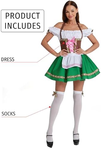 Maxim Party Supplies Women's Oktoberfest Outfit - Bavarian Maid Dress with Stockings & Bows - Dirndl Style German Dress