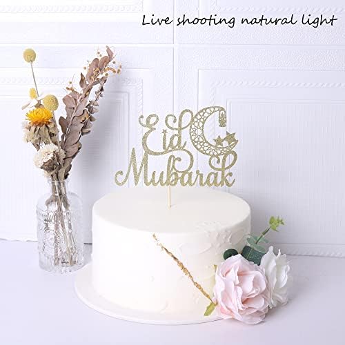 Rsstarxi 1 Pack Eid Mubarak Cake Topper Gold Glitter Moon Star Hajj Mubarak Eid Cake Picks Islamic Muslim Eid Mubarak Festival Ramadam Kareem Party Cake Decorations Supplies.