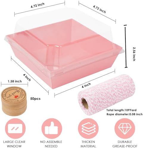 Kosotody 50 Pack Charcuterie Boxes with Clear Lids, 4 Inches Pink Oil-Proof Kraft Paper Food Containers Bakery Boxes for Sandwich, Cookies, Hot Cocoa, Cupcakes and Strawberries