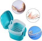 Denture Bath Case Cup with Denture Cleaner Brush & Retainer Holder Box, Complete Clean Care for Dentures, Clear Braces, Mouth Guard, Night Guard & Retainers,Traveling (Blue)
