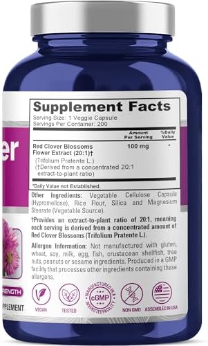 NusaPure Red Clover Blossoms Capsules, 100 mg, 200 Veg Capsules (Non-GMO, Vegan)