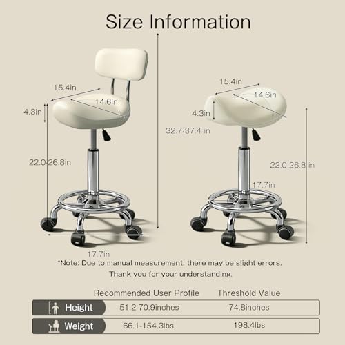Saddle Stool with Back and Ring Pedal, Adjustable Hydraulic Rolling Chair with Wheels for Salon, Spa, Medical, Massage & Drafting Use White