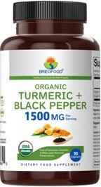 Brieofood Organic Turmeric with Black Pepper 1500mg, 45 Servings, Vegetarian, Gluten Free, 90 Vegetarian Tablets