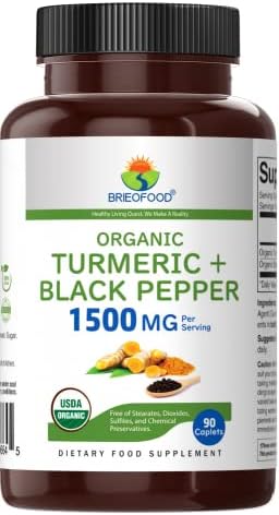 Brieofood Organic Turmeric with Black Pepper 1500mg, 45 Servings, Vegetarian, Gluten Free, 90 Vegetarian Tablets