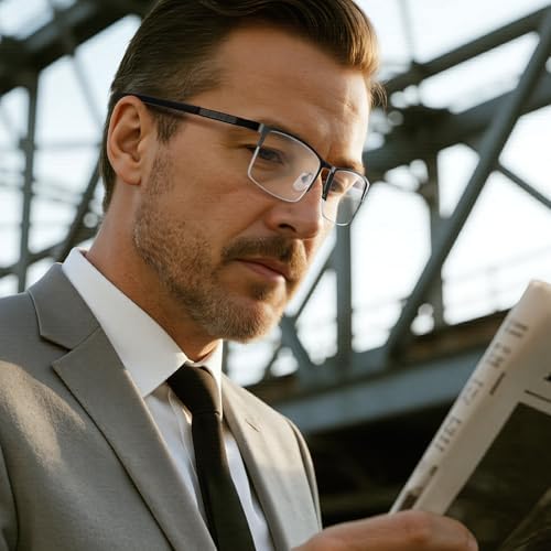 SKYFUEN Refined Progressive Reading Glasses Men Multifocus Metal Half Frame, Blue Light Blocking Computer Readers, Modern Rectangular Frame with Flexible Arms with Hard Case, Black +2.50