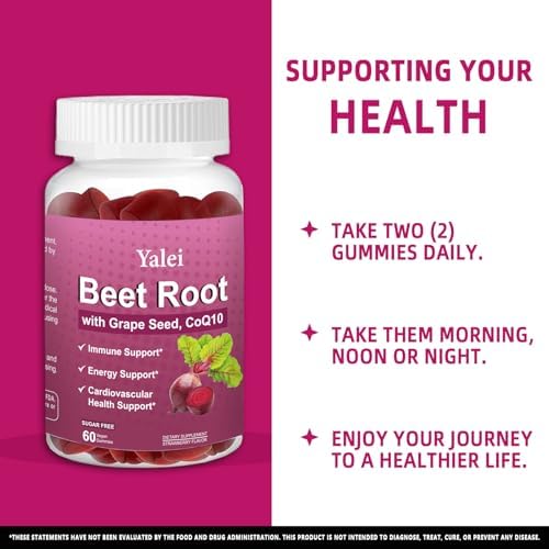 Beet Root Gummies for Blood Pressure | Sugar-Free | Beetroot Supplement with 1000 mg Beet Root, 1000 mg Grape Seed Extract & 200 mg CoQ10 | Vegan Non-GMO | Strawberry Flavor