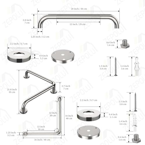 Polished Chrome L-Shaped Grab Bar 16x16 Inch + Knurled Shower Grab Rail 20 Inch, Zepolu Stainless Steel Angled Toilet Safety Bar, Bathroom Mobility Aid Handrail, Balance Support Assist Bar for Senior