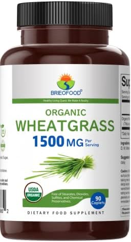 Brieofood Organic Wheatgrass 1500mg, 45 Servings, Vegetarian, Gluten Free, 90 Vegetarian Tablets