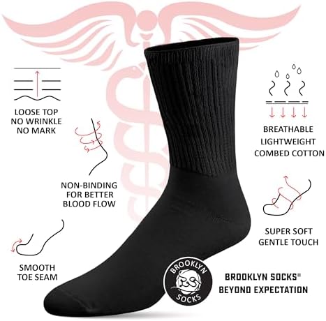 Brooklyn Socks Thin Combed Cotton Diabetic Socks, Loose, Wide, Non-Binding Neuropathy Low-Crew (Fit's Shoe Size 7-11)