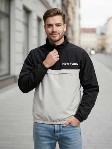 OYOANGLE Men's Y2K Half Zip Up Jacket Letter Print Contrast Colo Patchwork Windbreak Unisex Streetwear Lightweight Jackets