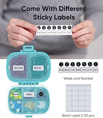 Holii Travel Pill Organizer, 8 Compartments Portable Pill Case, Daily Pill Box to Hold Vitamins, Small Pill Container for Pocket Purse Medicine Organizer（Blue）