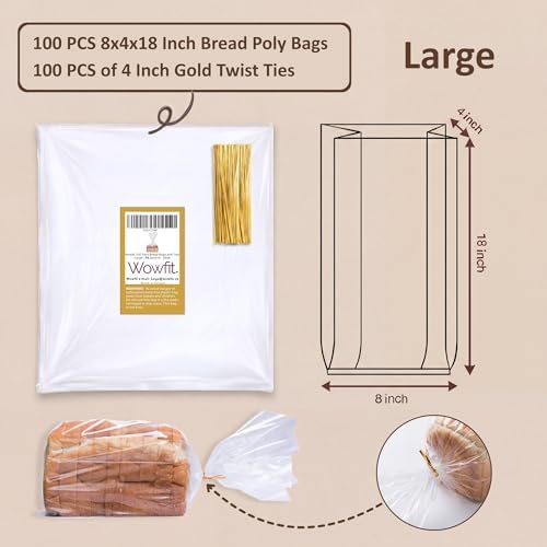 Wowfit Bread Poly Bags, Pack of 100 Entirely Transparent Clear Bakery Storage for Handmade Loaf Packaging, Includes 100 Gold Twist Ties