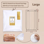 Wowfit Bread Poly Bags, Pack of 100 Entirely Transparent Clear Bakery Storage for Handmade Loaf Packaging, Includes 100 Gold Twist Ties