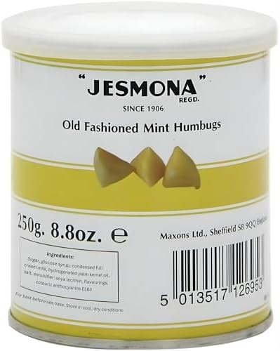Jesmona Old Fashioned Mint Humbugs Candy Tin 250g (8.8 Oz) - English Hard Boiled Sweets with Toffee Center, Resealable British Hard Candy Gift Tin, Imported Confectionery Treat from England, UK