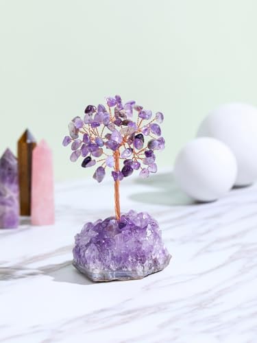Jovivi Amethyst Crystal Tree, Natural Healing Crystals Money Trees Amethyst Cluster Base,Reiki Positive Energy Gemstones Bonsai Tree, Feng Shui Purple Room Office Desk Decor Spiritual Gifts