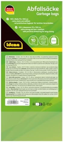 Idena 50056-3 Rubbish Bags Set, 3 Rolls of 10 Pieces, Blue, 120 Litres, 40µ Extra Strong and Tear-Resistant, with Practical Drawstring, Drawstring Bags