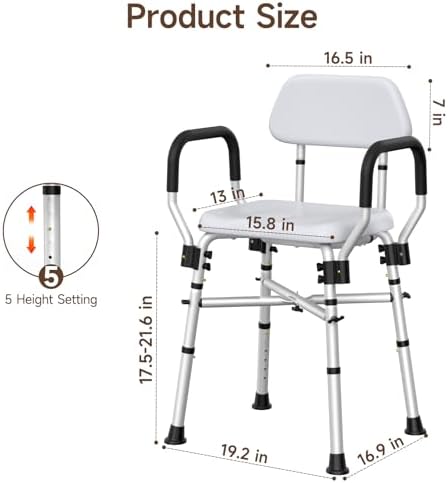 Wayes Padded Shower Chair with Arms and Back, Heavy Duty Shower Seat 500lbs with Reinforced Cross Bar, Adjustable Bath Bench and Stool for Seniors, Elderly, Disabled and Bariatric Adults