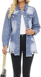 SCOFEEL Women Denim Shirt Jacket Long Sleeve Button Shacket Coat Distressed Washed Ripped Frayed Hem Jean Jacket