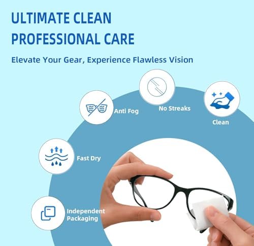 Anti-Fog Wipes for Glasses – Eye Glasses Cleaner Wipes, 100 Pack, Individually Wrapped, Pre-Moistened, Quick-Dry, Scratch-Free for Goggles, Camera, Watch, Lens, Laptop, Phone Screens