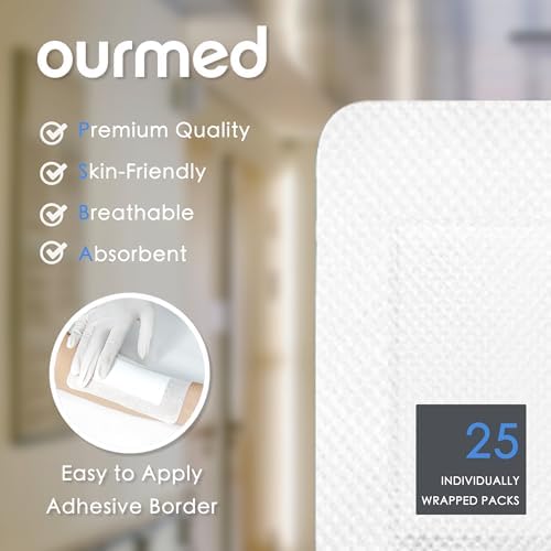 Ourmed Island Dressing Bordered Gauze 4"x 10"(2"x 8" Absorbent Pad), Pack of 25, Self-Adhesive Sterile Dressing with Highly Absorbent, Latex& Rubber- Free, for Cuts and Scratches