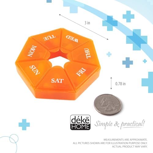 Deke Home - Small Weekly Pill Organizer (2 Pack), Round Pill Dispenser for Travel, Mini Pill Organizer, Compact Medicine Holder, Pill Sorters 7 Days, Portable Vitamin Container, BPA Free (Food Grade)