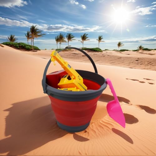 SAMMART 5.5L (1.4 Gallon) Collapsible Plastic Bucket - Foldable Round Tub - Portable Fishing Water Pail - Space Saving Outdoor Waterpot (Grey/Crimson (Set of 2))