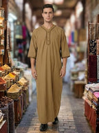 Mens Kaftan Thobe V-Neck Half Sleeve Muslim Robe Dubai Long Gown Saudi Arab Thobe Robes for Summer Beach
