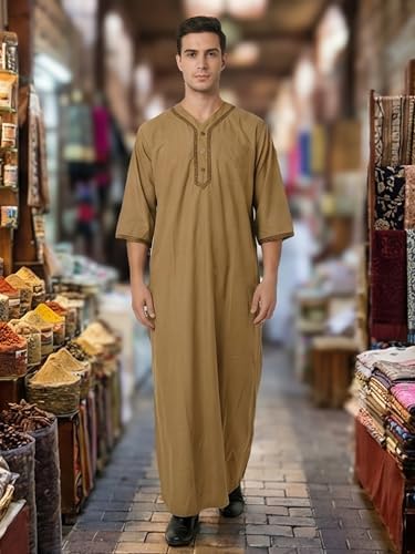Mens Kaftan Thobe V-Neck Half Sleeve Muslim Robe Dubai Long Gown Saudi Arab Thobe Robes for Summer Beach