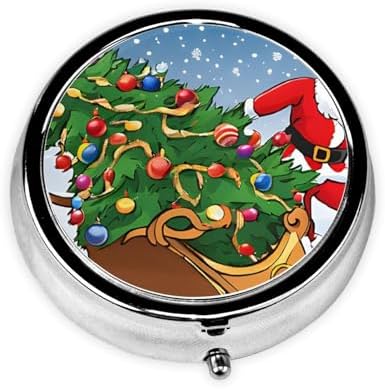 (Merry Xmas) Round Pill Box,3 Compartment Pill Box Mini Decorative Pocket Purse Portable Travel Medicine Tablet Vitamin Holder Organizer Pill Case