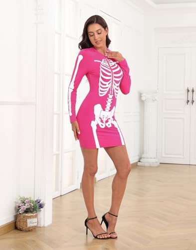 HDE Women's Skeleton Dress Spooky Long Sleeve Bones Mini Dress Halloween Party Costume Fitted Stretchy Bodycon with Half Zip