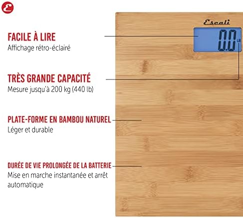 Escali Bamboo Digital Electronic Bathroom Scale for Body Weight, Bath Scale with Extra-High Capacity of 440 lb, Batteries Included