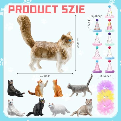 Weysat 27 Pcs Cat Cake Topper Animals Figures Birthday Party Decorations with Mini Birthday Hat with Pom Poms Animals Cupcake Toppers Decoration with Mini Skirt for Themed Party