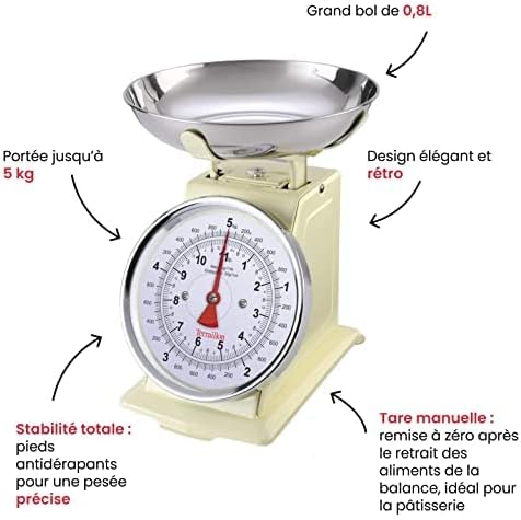 TERRAILLON Vintage Kitchen Scales – Manual Tare – Large Dial and Bowl 1 L, Load 5 kg – Model 'Tradition 500' Cream