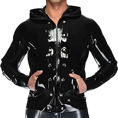 Latex Jacket with Pocket Zips, Hoodies, Belt On The Front, Rubber Coat, Outerwear,Black,XXL