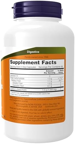 NOW Foods Supplements, Psyllium Husk Caps 500 mg, Non-GMO Project Verified, Natural Soluble Fiber, Intestinal Health*, 200 Veg Capsules