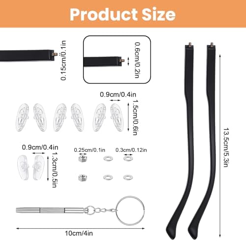 1 Pair Glasses Arm Replacement, Black Eyeglasses Repair Kit Eyeglass Arms Replacement with Screws Washers Screwdriver Nose Pads 6mm Temple Arms for Glass Sunglasses Convex Single Teeth 1.2mm