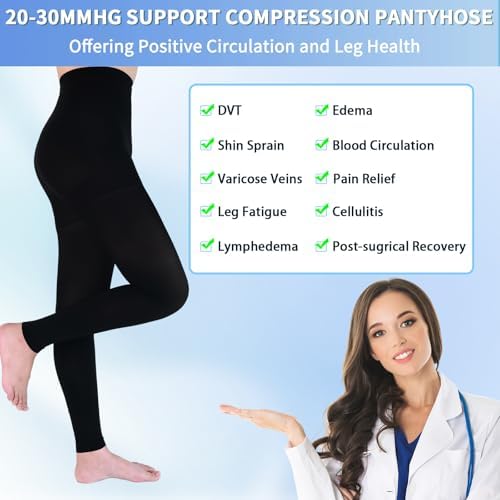 Medical Compression Pantyhose for Women & Men, 20-30mmHg Graduated Support Compression Tights Footless Medical Compression Stockings & Leggings for Edema, Varicose Veins, Swelling(Black,XL)
