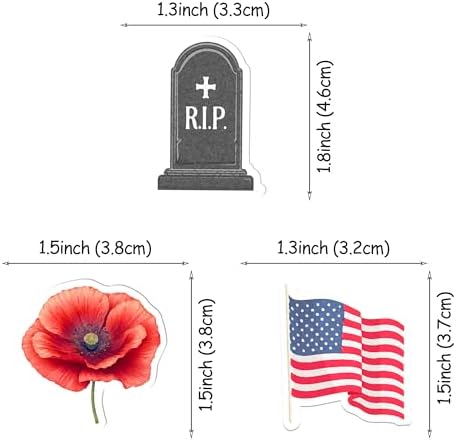 50 PCS Edible Memorial Day Cupcake Toppers Wafer Paper Red Poppy American Flag Tombstone RIP Cake Toppers Edible Patriotic Theme Remembrance Party Decorations for Veterans Day Party Dessert Supplies