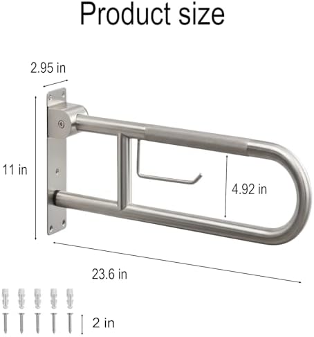 Toilet Grab Bar,23.6 Inch Flip-Up Bathroom Safety Rails with Paper Holder, Anti-Slip Handicap Grab Bars for Toilet, Stainless Steel Folding Support Handrail for Seniors, Elderly