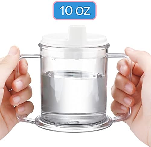 Eaasty 6 Pcs Adult Sippy Cup for Elderly, 10 oz Plastic Spill Proof Cups with 2 Handles for Adult Elderly Care Hospital Drinking Mug Easy to Grasp Handles for Hot and Cold Beverages (White)